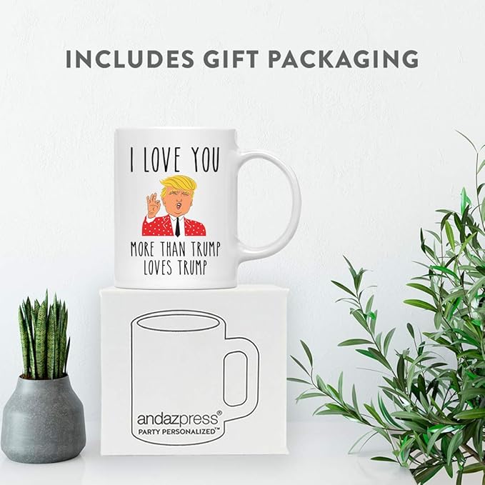 Andaz Press Valentine’s Day Funny 11oz. His Her Couples Coffee Mug Gift I Love You More Than Trump Loves Trump, Donald Trump 1-Pack, Gift Box Trump Valentine Mug Valentine Day Cup Valentine Coffee Cup
