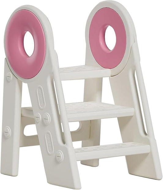 Step Stool for Kids Toddler, Adjustable 3 Folding, Learning Helper Stool for Bathroom Sink Toilet Potty Kitchen Counter with Handles and Non-Slip Pads(Pink)