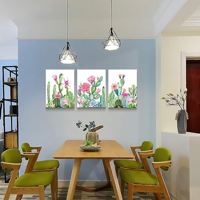 Canvas Wall Art for living room bathroom Wall Decor for bedroom kitchen artwork Canvas Prints green cactus flowers painting 12" x 16" 3 Pieces Modern framed office Home decorations family picture