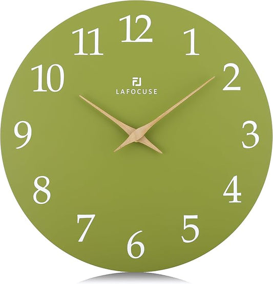 Lafocuse 12 Inch Silent Olive Green Wall Clock Battery Operated for Living Room Decor, Simple Minimalist Wooden Wall Clock for Kitchen Bedroom Office