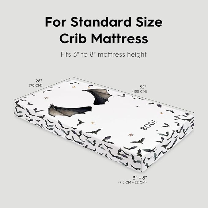 Horaldaily 2 Pack Fitted Crib Sheet for Boys Girls,Soft Breathable Washable Jersey Microfiber Baby Crib Sheet, Fits Standard Size Crib Mattress 28in x 52in, Bats Pumpkin Nursery Sheet Sage Black/White