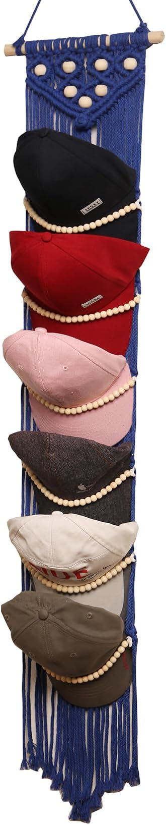 Ball Cap Hanger-1 Pack-Boho Macrame Cap Holder Wall Hat Organizer for Baseball Cap Holder Over Door, Hat Rack for Wall, Cap Rack for Decoration and Display(Blue)