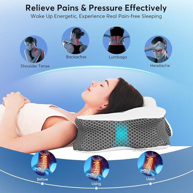 Anvo Cervical Pillow for Neck Pain Relief - Neck Pillows for Pain Relief Sleeping - Cervical Memory Foam Pillows for Neck Pain - Ergonomic Pillow for Side Back Stomach Sleeper-Ivory Stardard Firm
