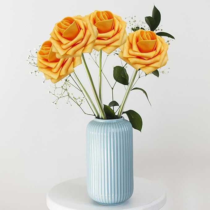 100Pcs Artificial Flowers Creamy Yellow Roses Real Looking Foam Fake Roses with Leaves and for DIY Wedding Bouquets Bridal Shower Centerpieces Party Decorations (Creamy Yellow, 100)