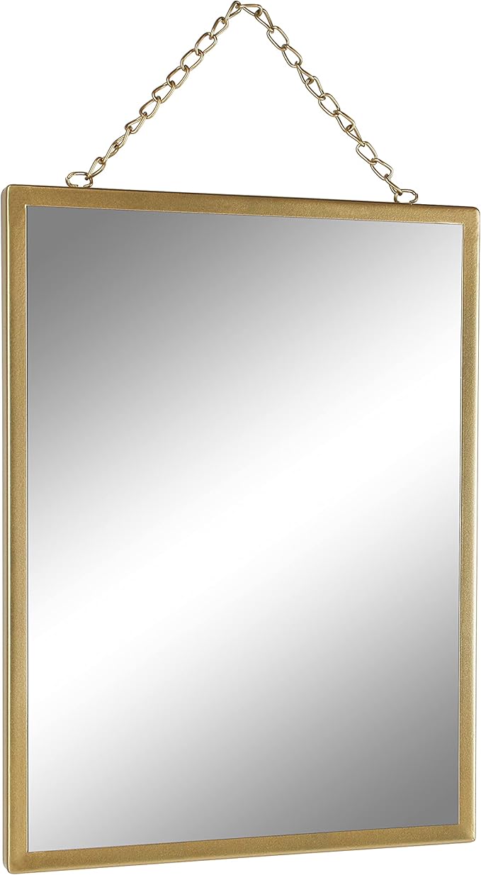 Gold Hanging Mirror with Chain, 12 x 16 Inch Rustic Wall Decor for Bathroom, Entry, Dining Room, and Living Room. Metal Rectangle Vanity Mirror, Decorative Mirror.