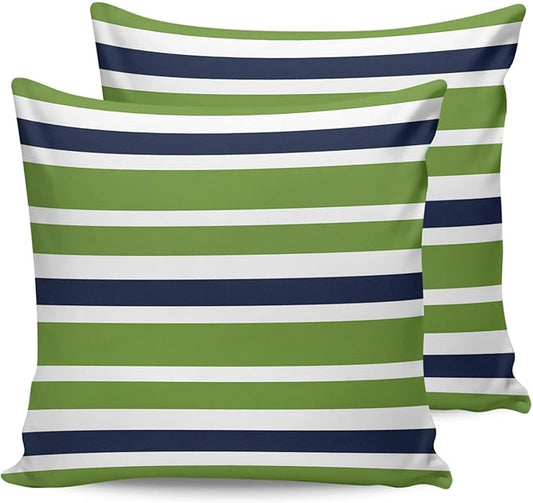 Outdoor Waterproof Throw Pillow Covers Set of 2 Navy Blue Green Stripes Decorative Outdoor Pillows Cushion Case 24x24 Inch Classic Striped Patio Pillows for Couch Sofa Bed Garden Office Home Decor