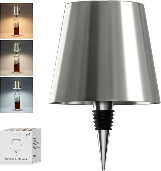 Wireless Bottle Lamp, 2025 New 3 Color Rechargeable Wine Bottle Lights for Bars Restaurants (Silver, 1PC)