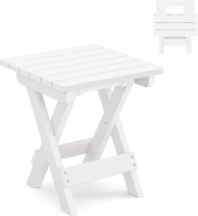 LUE BONA Small Outdoor Folding Side Table, Indoor Shower Bench Stool, HDPS End Table for Bathroom, Patio, Pool, 14 Inch Height, White