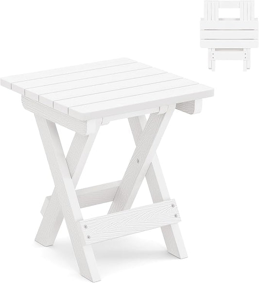 LUE BONA Small Outdoor Folding Side Table, Indoor Shower Bench Stool, HDPS End Table for Bathroom, Patio, Pool, 14 Inch Height, White