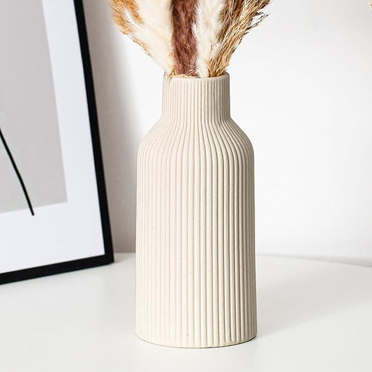 Beige Ceramic Flower Vase, Pampas Grass Small Vase for Dining Table, Bookshelf Decor, Mantel, Entry Decor and Centerpiece, Minimalist Modern, Bohemian, Suitable for Any Style