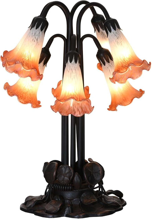 Bieye L10953 Lily Flower Blown Glass Accent Table Lamp for Living Room Bedroom Decoration (Orange, 8-Light)