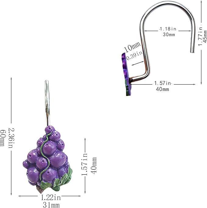 Shower Curtain Hooks, Grape Resin Hooks, Bathroom Shower Rod Decoration Set, 12 Pieces