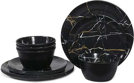 Melamine Dinnerware Set - 12pcs Plates and Bowls Sets Best for Indoor and Outdoor Party, BPA-Free Dishwasher Safe Kitchen Dinner Set with Black Marble Pattern