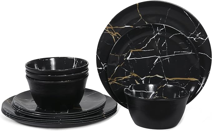Melamine Dinnerware Set - 12pcs Plates and Bowls Sets Best for Indoor and Outdoor Party, BPA-Free Dishwasher Safe Kitchen Dinner Set with Black Marble Pattern