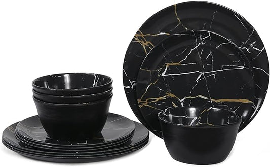 Melamine Dinnerware Set - 12pcs Plates and Bowls Sets Best for Indoor and Outdoor Party, BPA-Free Dishwasher Safe Kitchen Dinner Set with Black Marble Pattern