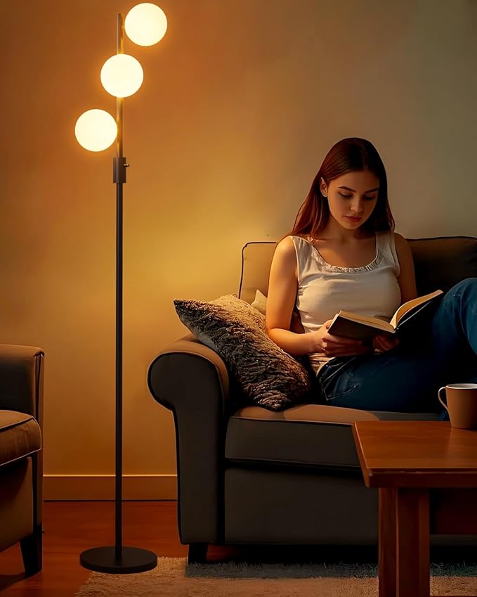 64IN Dimmable Black Floor Lamp, Tall Standing Lamps with 3 Globe Soft Warm White Eye Care 3000K G9 Bulbs, Mid Century Modern Floor Lamp for Living Room Bedroom Office