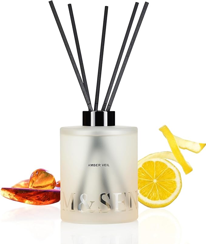 M&SENSE Amber Lemon Reed Diffuser Set - 16.9 fl oz Scent Diffuser with Sticks, Long-Lasting Aromatherapy Oil Diffuser, Home Fragrance Gift Set for Bedroom, Bathroom & Office Decor