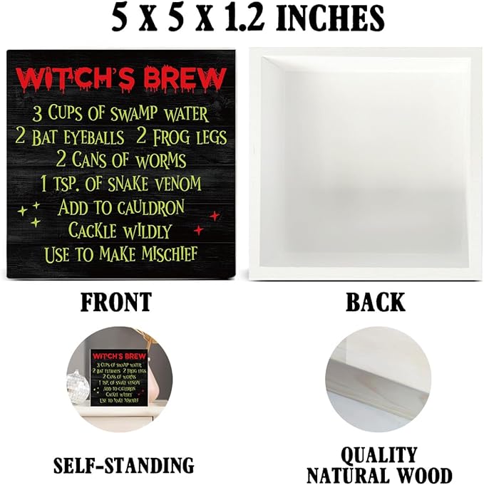 Halloween Witch's Brew Wooden Sign Decor - Kitchen Desk Block Sign for Home Table Shelf - 5 x 5 Inch