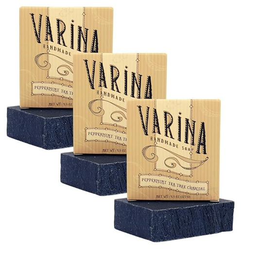 Varina Organic Peppermint Tea Tree Activated Charcoal Bar Soap - Gentle Cleansing for Sensitive Skin, Herbal and Mint - 3 Pack - Experience Healthy and Glowing Skin
