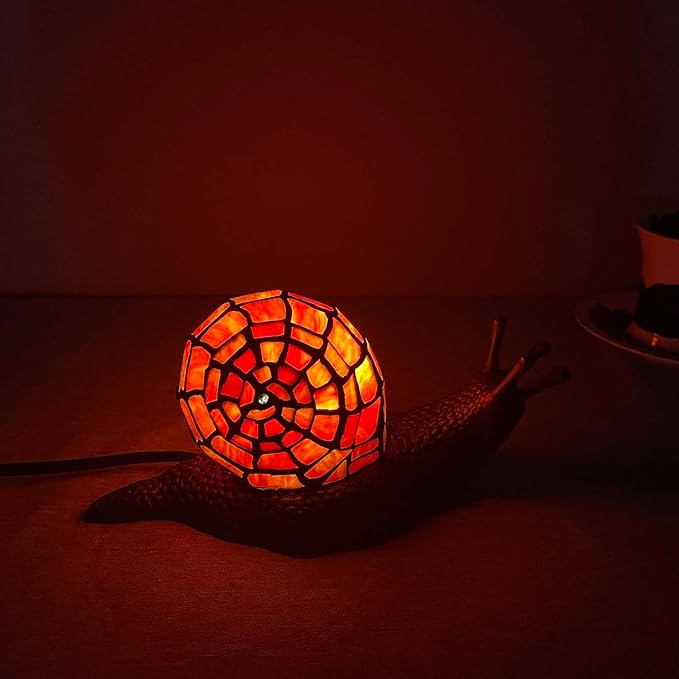 Bieye L10989 Land Snail Tiffany Style Stained Glass Accent Table Lamp for Home Decor (Red, 10" D x 5" W x 5" H)