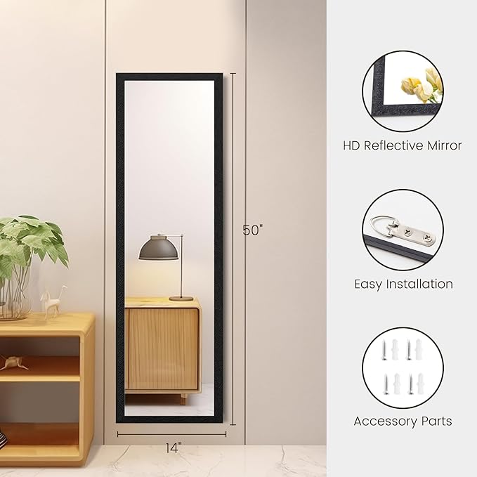 Beauty4U Full Length Mirror Wall Mirror Full Body Mirror Explosion-Proof Wall Mounted Hanging Mirror for Dorm with Rectangular Float Framed for Room Decor, 50"x 14", Black