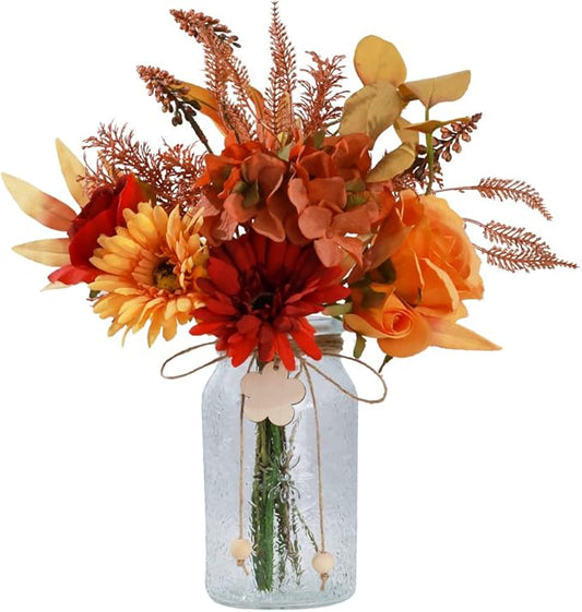 Silk Flowers with Vase, Artificial Flowers Arrangement with Glass Vase Faux Rose Daisy for Decoration Table Centerpiece (Daisy Orange)