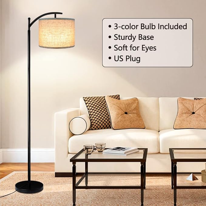 ROTTOGOON Floor Lamp for Living Room with 3 Color Temperatures LED Bulb, Standing Lamp Tall Industrial Floor Lamp Reading for Bedroom, Office (9W LED Bulb, Beige Lampshade Included) -Black