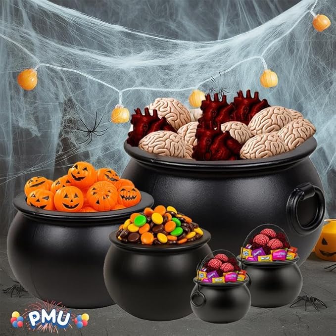 PMU 5pc- (22",16",12", 8",6") Halloween Cauldron Pot Kettle, Black Plastic Witch Cauldron, Halloween Party Candy Holder, Indoor & Outdoor Decorations