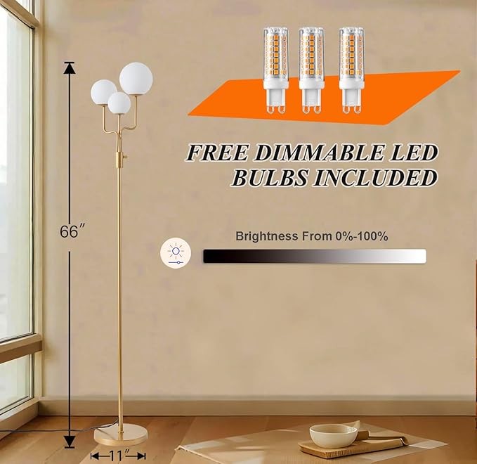 Fiqevs Dimmable 3 Globe Sputnik Floor Lamp, Mid Century Modern Tree Floor Lamp with 3 x 800LM LED Bulbs and Glass Shade, Elegant Antique Brass Gold Standing Lamp for Living Room, Bedroom, Office