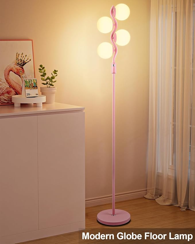 60IN Dimmable (Brightness Adjustable) Pink Pole Floor Lamp, Modern Standing Lamps with 4 Globe Soft Warm White 3000K Bulbs, Mid Century Floor Lamp for Living Room Bedroom Home Decor