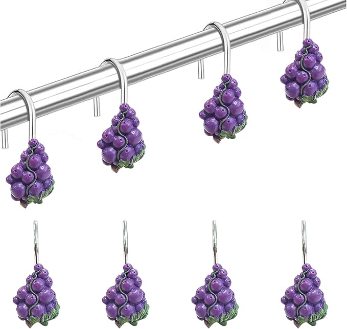 Shower Curtain Hooks, Grape Resin Hooks, Bathroom Shower Rod Decoration Set, 12 Pieces