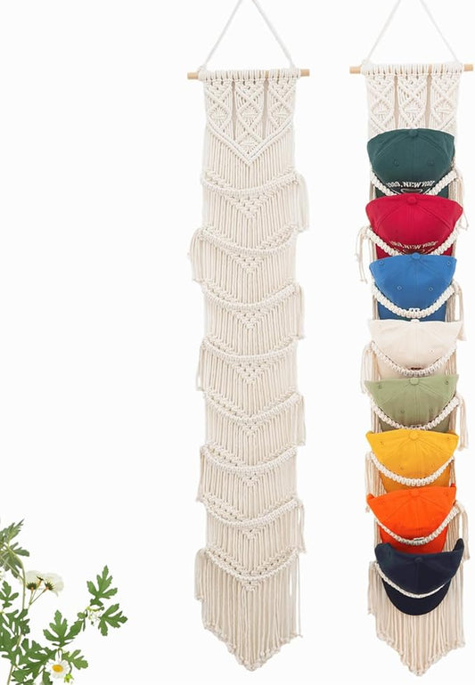 Macrame Cap Holder, Boho Hats Organizer for Baseball Caps, Hat Rack for Wall Hanging Decoration, Cap Rack for Collection Display, Handmade Cap Hanger Storage Organizer (Eight hats)