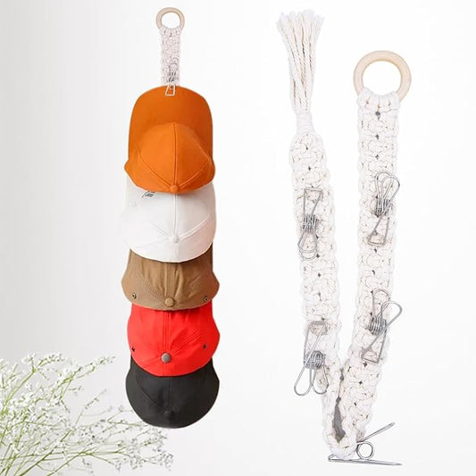 Hand Woven Macrame Hat Hanger Cap Rack - Boho-Style Hat Holder for Wall - Baseball Cap Organizer for Wall Hanging - Stylish and Practical Hat Storage Solution