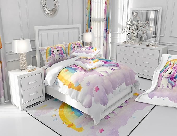 Feelyou Cute Unicorn Fabric Shower Curtain Kids Rainbow Bathroom Waterproof Accessories with 12 Hooks for Boys Girls Bright Colorful Shower Curtain Star Cloud Curtains,72x84 Inches