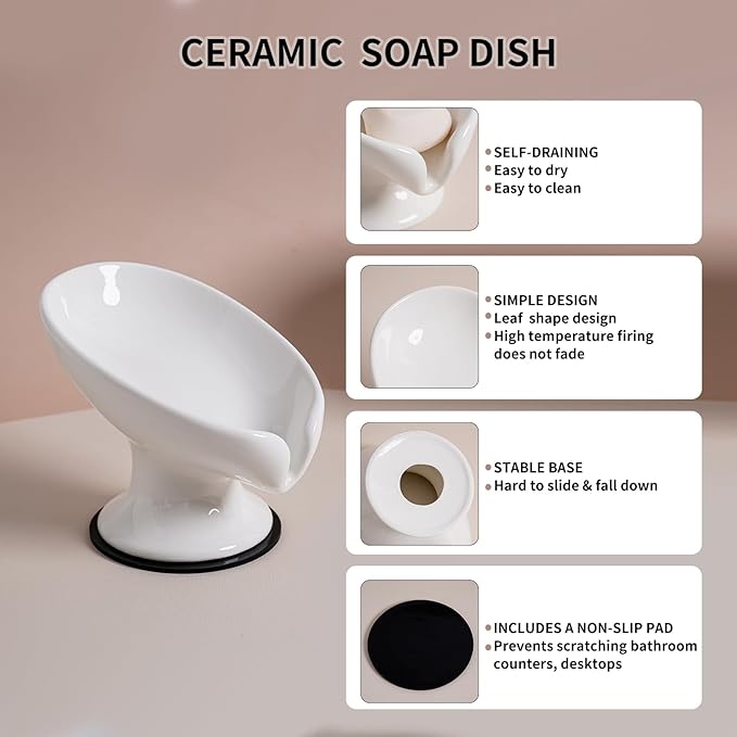 Soap Dish, Soap Holder Self Draining Leaf Shape Soap Dishes，White Ceramic Draining Soap Tray for Shower, Bathroom Sink, Kitchen (Large Size-White, 1)