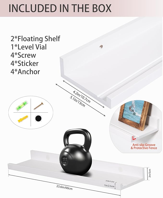 White Floating Shelves for Wall, 24 Inch Wall Mounted Shelf for Bedroom, Picture Ledge Shelf Pine Wood, Photo Shelves Set of 2, Nursery Book Shelves for Laundry Room Living Room kIitchen Bathroom