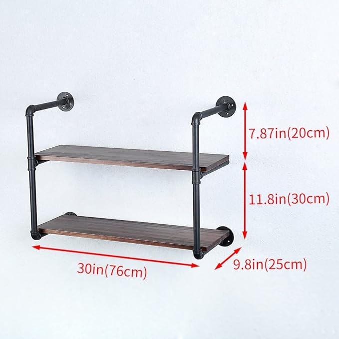Industrial Pipe Shelving Wall Mounted,30in Rustic Metal Floating Shelves,Steampunk Real Wood Book Shelves,Wall Shelf Unit Bookshelf Hanging Wall Shelves,Farmhouse Kitchen Bar Shelving(2 Tier)