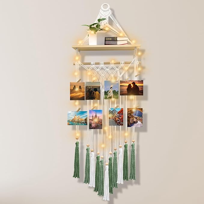 Macrame Wall Hanging Bohemian Photo Display Holder with Wooden Shelf Tassels Decorative LED Light Strings Hooks 20 Clips Boho Art Picture Card Hangers Handmade Tapestry Romantic Gift - Green