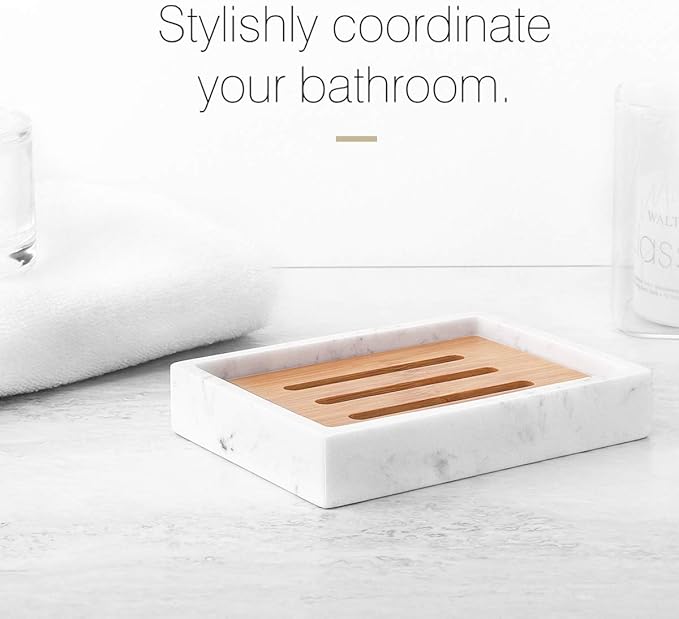 Luxspire Soap Dish Tray, Resin Soap Dish, Bamboo Soap Bar Holder Box for Shower Kitchen Sink, Double Layer Draining Soap Container Box, Wood Case, Bathroom Marble Pattern Tray