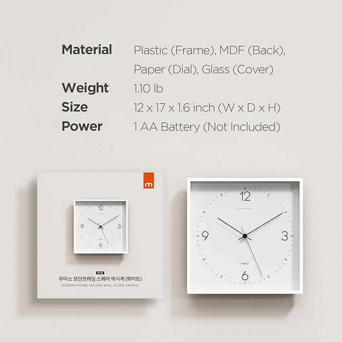 mooas Modern Frame Wall Clock White,12" Non-Ticking Sweep Movement Decorative Battery Operated White Wall Clock for Home Living Room Kitchen Bedroom Office School Cafe