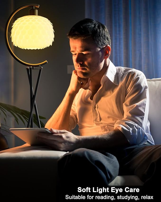 Modern Floor Lamp with Arc Imitation Feather Lampshade, Black Metal Standing Lamp with Bulb Included, Vintage Tall Reading Light for Living Room, Bedroom,Home Office