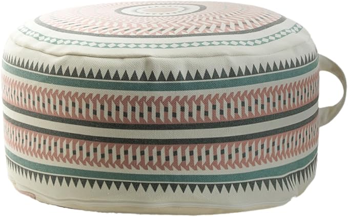 MOCOFO Round Geometric Pattern Pouf Cover with Zipper 18"x18"x8" Storage Canvas Ottoman Seat Footrest for Living Room Bedroom Kids Room Pastel Home Decor