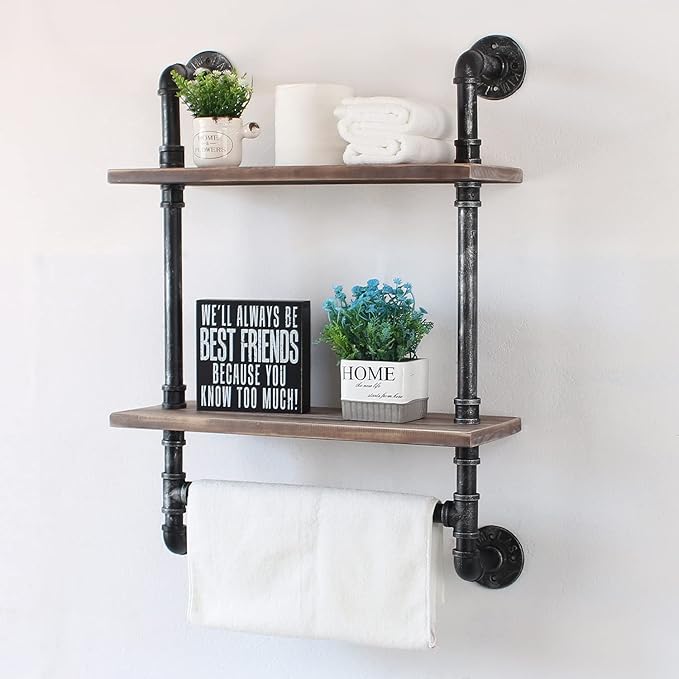 Industrial Pipe Shelving,Iron Pipe Shelves Bathroom Shelves with Towel bar,24in Rustic Metal Pipe Floating Pipe Wall Shelf,2 Tier Industrial Wall Mounted,Retro Brown