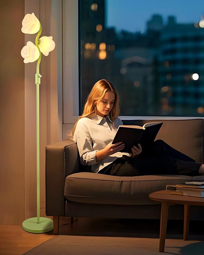Dimmable Green Floor Lamp, Unique Cute Flower Standing Lamps with 3 Globe Soft Warm White 3000K Bulbs, Mid Century Modern Floor Lamp for Living Room Bedroom Home Decor