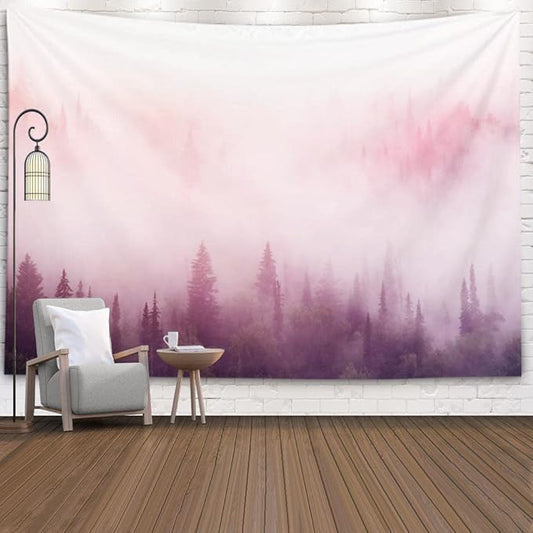 EMMTEEY Misty Forest Wall Tapestry, 80x60in, Pink Tapestry for Bedroom, Dorm, Living Room Decor