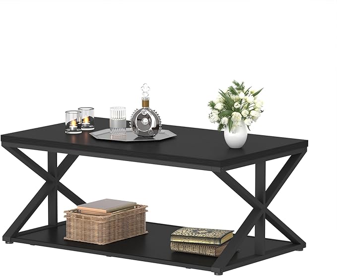 Modern Coffee Table with Storage, Farmhouse Living Room Table, Minimalist Rectangle Center Table, Industrial Vintage Wood Tea Table, 39 Inch, Black Oak