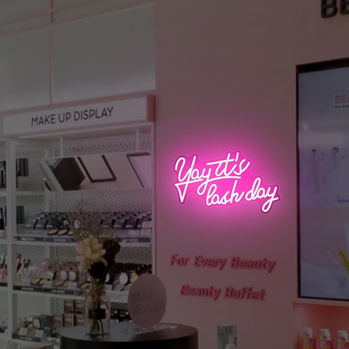 Yay It's Lash Day Neon Sign for Wall Decor Beauty Room Led Lights, Pink Salon Lash Tech Decor Neon Signs Aesthetic Operated Light for Door Decorations, Girls Bedroom Accessories Neon Sign