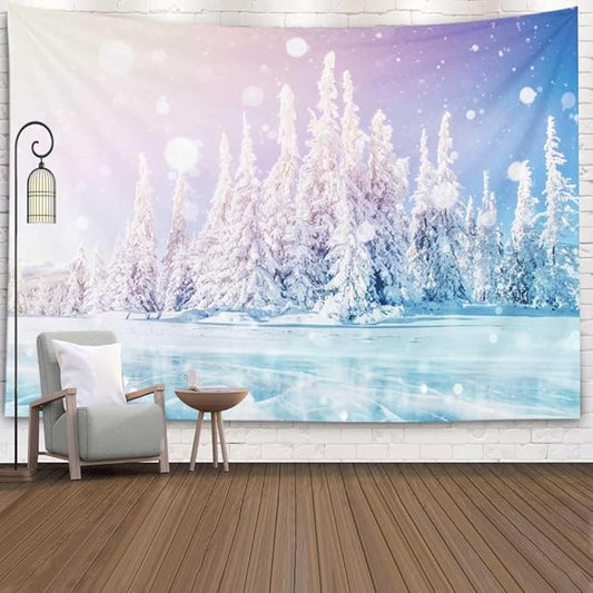 EMMTEEY Magical Forest Tapestry - Mysterious Landscape Blue Ice Lake Frozen Snow Tree Wall Hanging 92.5X70.9 Door Decor