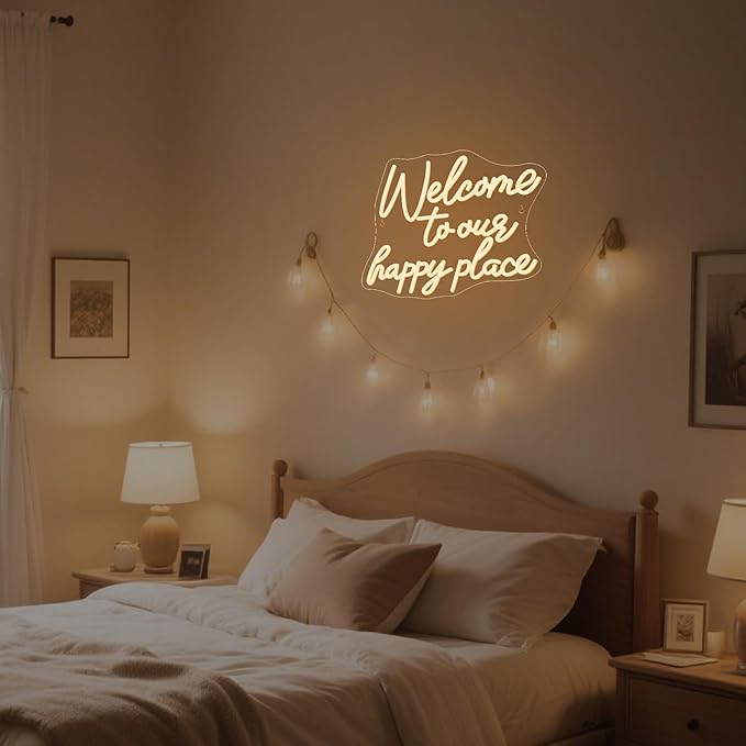 NOSUN WELCOME TO OUR HAPPY PLACE Neon Sign Happy Place Neon Signs for Wall Decor Dimmable Warm White LED Signs for Bedroom Classroom Man Cave Home Bar Birthday Party Game Zone Decor Neon Classroom Sign