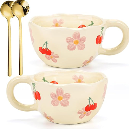 Yopay 2 Pack Ceramic Coffee Mug, 8oz Handmade Hot Chocolate Mugs, Cute Cup for Girl Microwave Safe, Aesthetic Tea Milk Cup with Handle for Latte, Cocoa, Gift, Mom(Cherry flower)